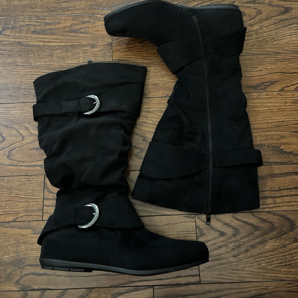Luoika Women's 11.5 Extra Wide & Wide Calf Knee High Boots Flat Buckle Suede